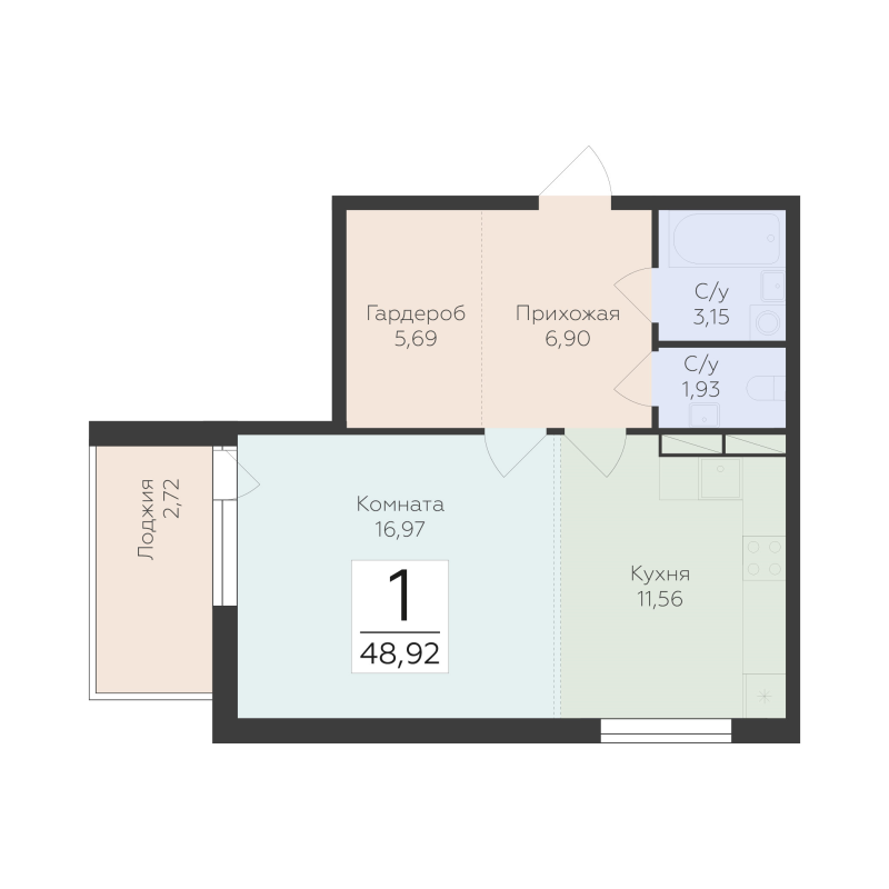 1 ккв 48,9 м²