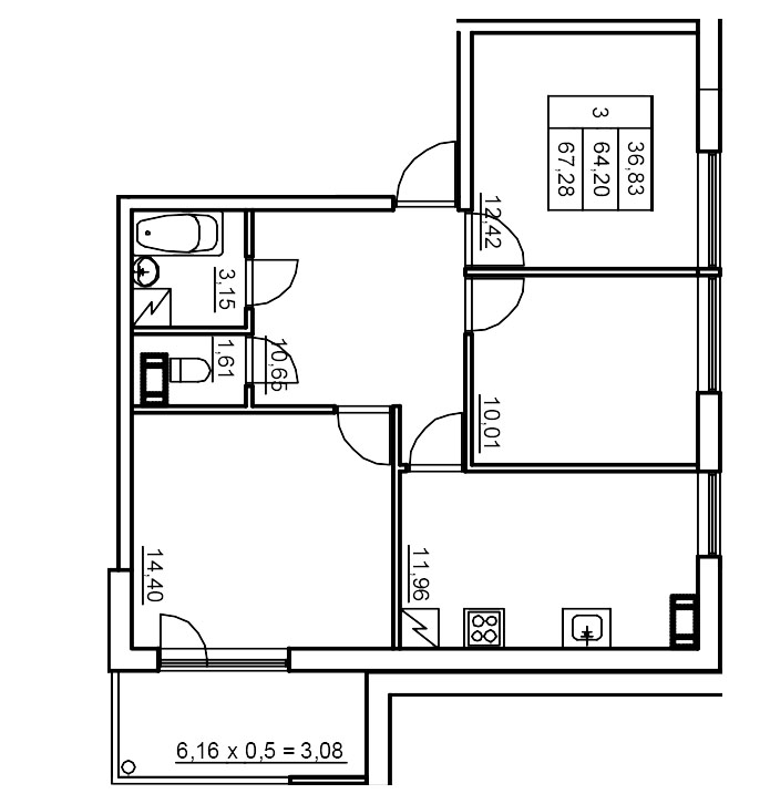 3 ккв 66,4 м²