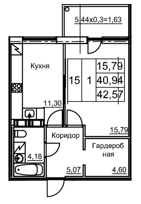 1 ккв 43,7 м²