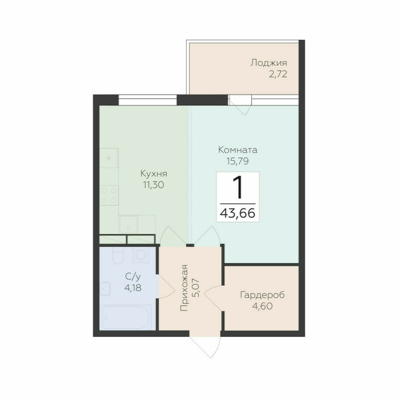 1 ккв 43,7 м²