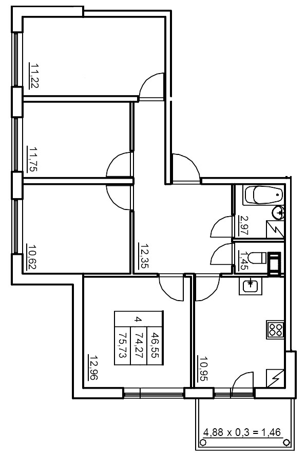 4 ккв 74,5 м²