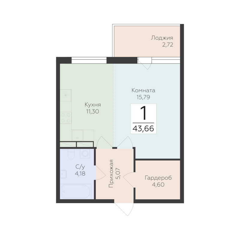 1 ккв 43,7 м²