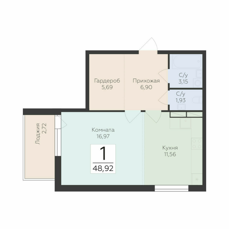 1 ккв 48,9 м²