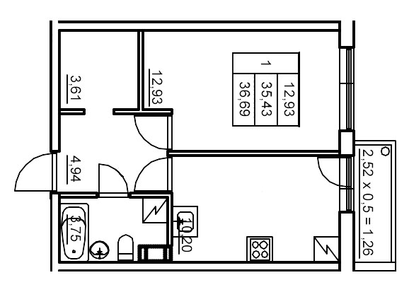 1 ккв 36,7 м²