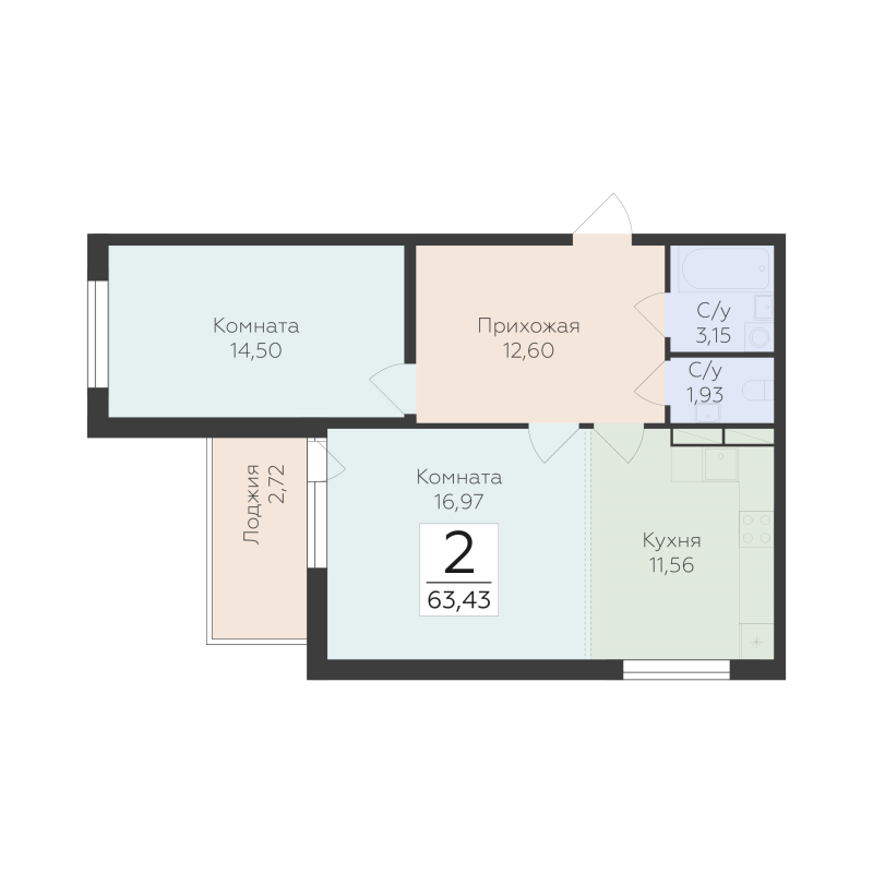 2 ккв 63,4 м²