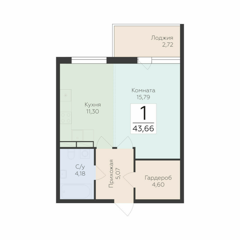 1 ккв 43,7 м²