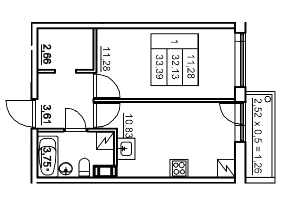 1 ккв 33,4 м²