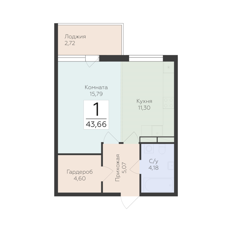 1 ккв 43,7 м²