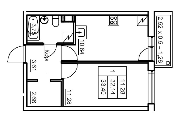 1 ккв 33,4 м²