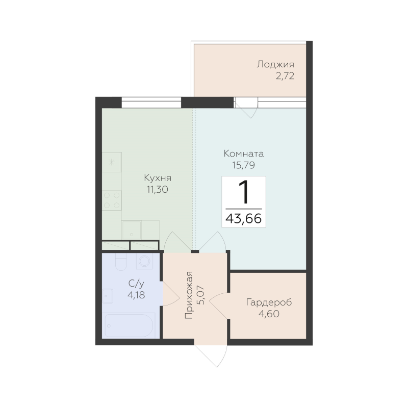 1 ккв 43,7 м²