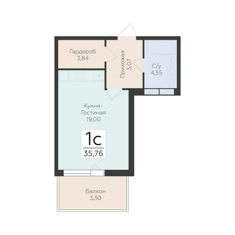 Студия 35,8 м²