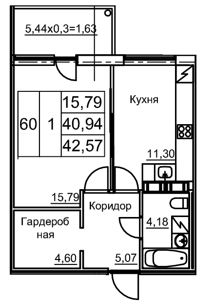 1 ккв 43,7 м²