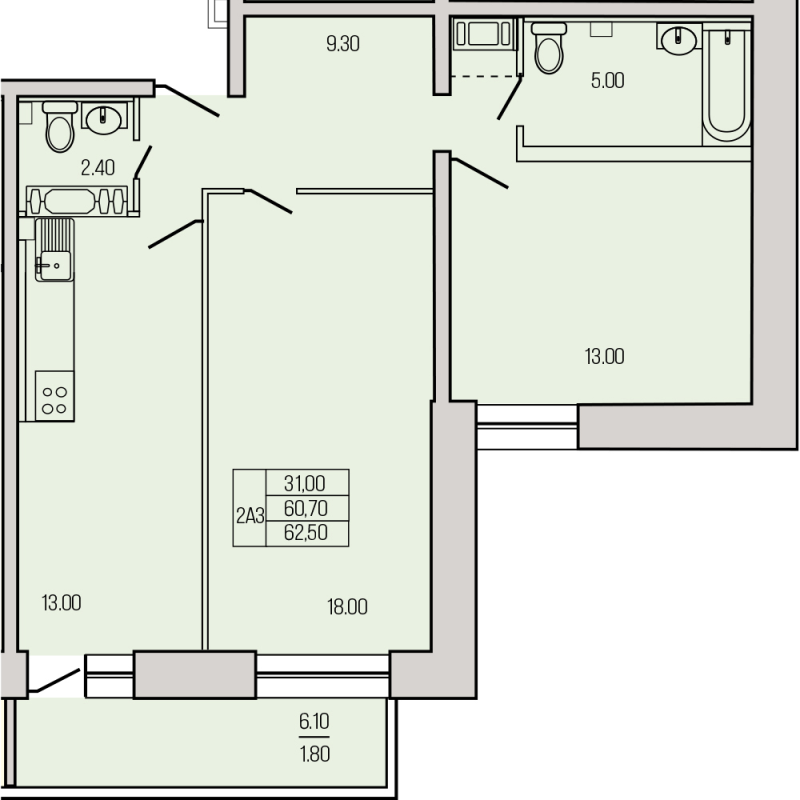 2 ккв 62,9 м²