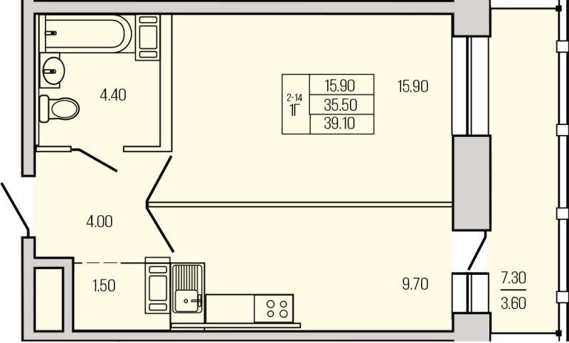 1 ккв 39,5 м²