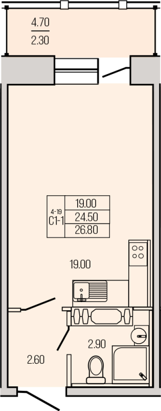 Студия 26,5 м²