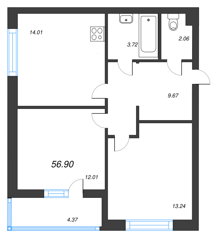 3 ккв (Евро) 56,9 м²