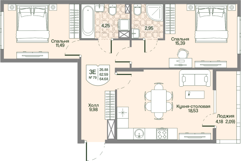 3 ккв (Евро) 62,6 м²