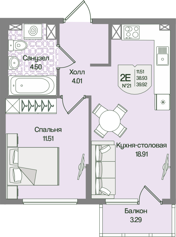 2 ккв (Евро) 39,9 м²