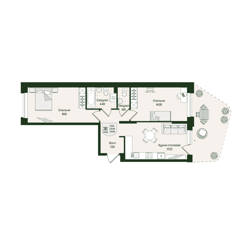 3 ккв (Евро) 61 м²