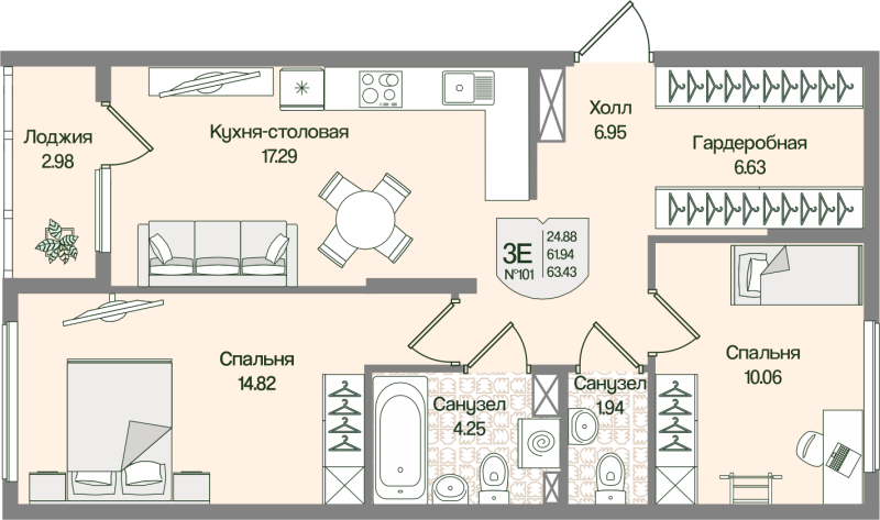 3 ккв (Евро) 63,4 м²