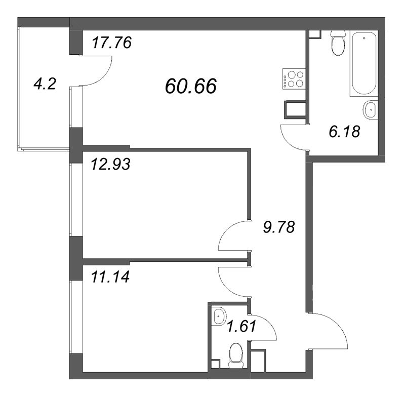 3 ккв (Евро) 60,7 м²