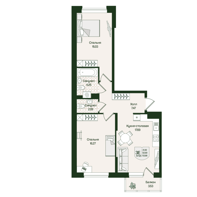 3 ккв (Евро) 63,9 м²