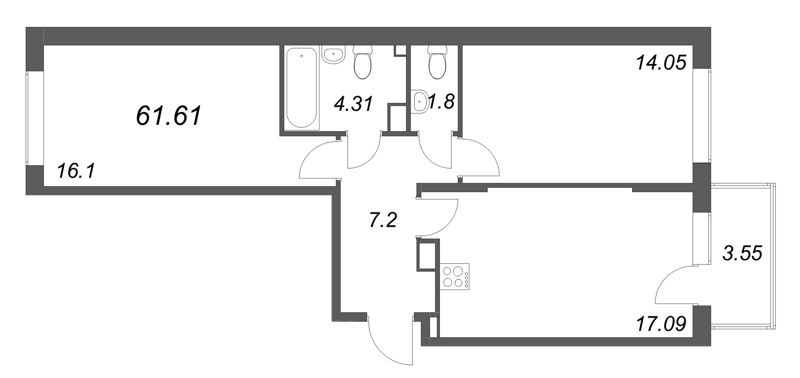 3 ккв (Евро) 61,6 м²