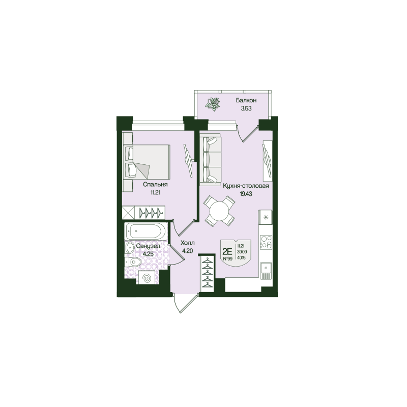 2 ккв (Евро) 40,2 м²