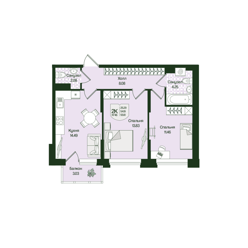 2 ккв 55,1 м²