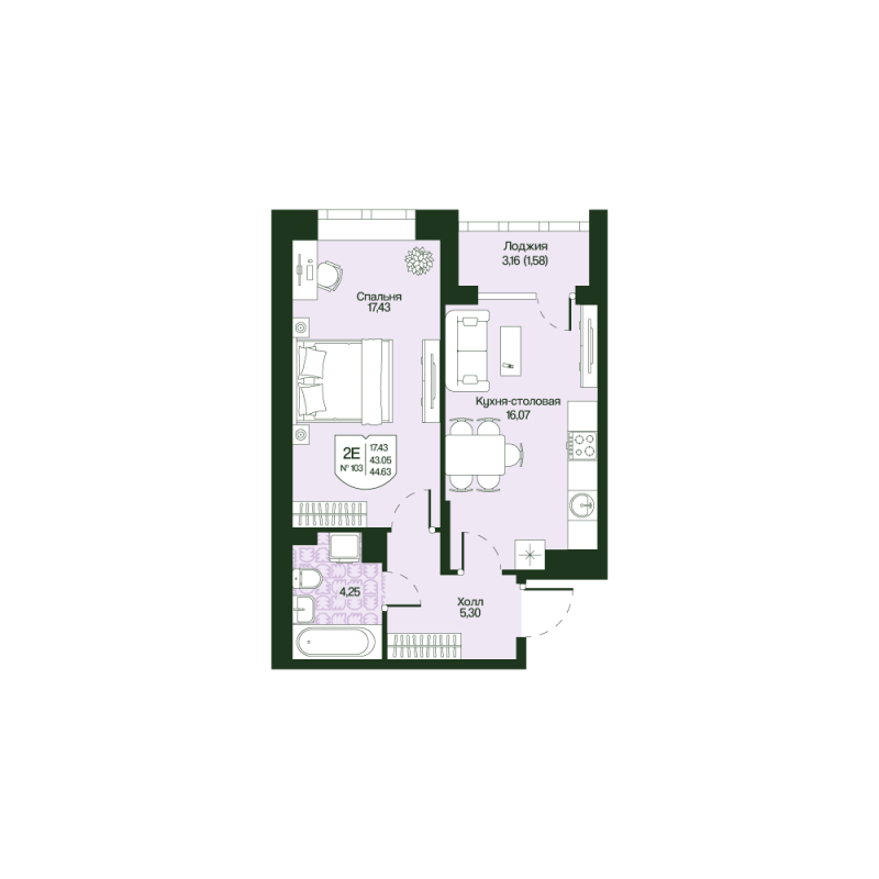 2 ккв (Евро) 43,1 м²