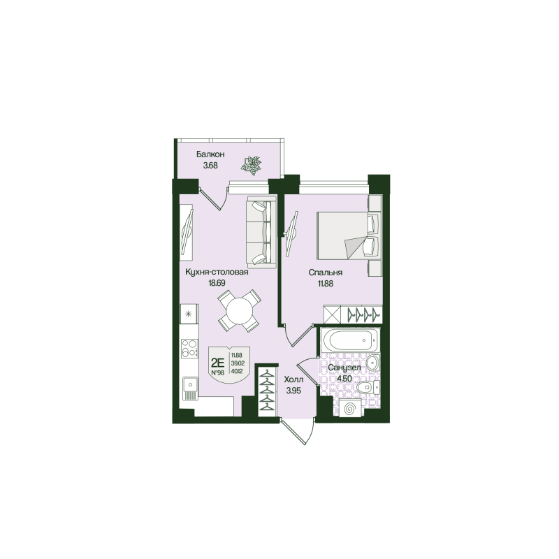 2 ккв (Евро) 40,1 м²