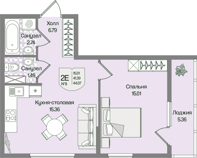 2 ккв (Евро) 44,1 м²