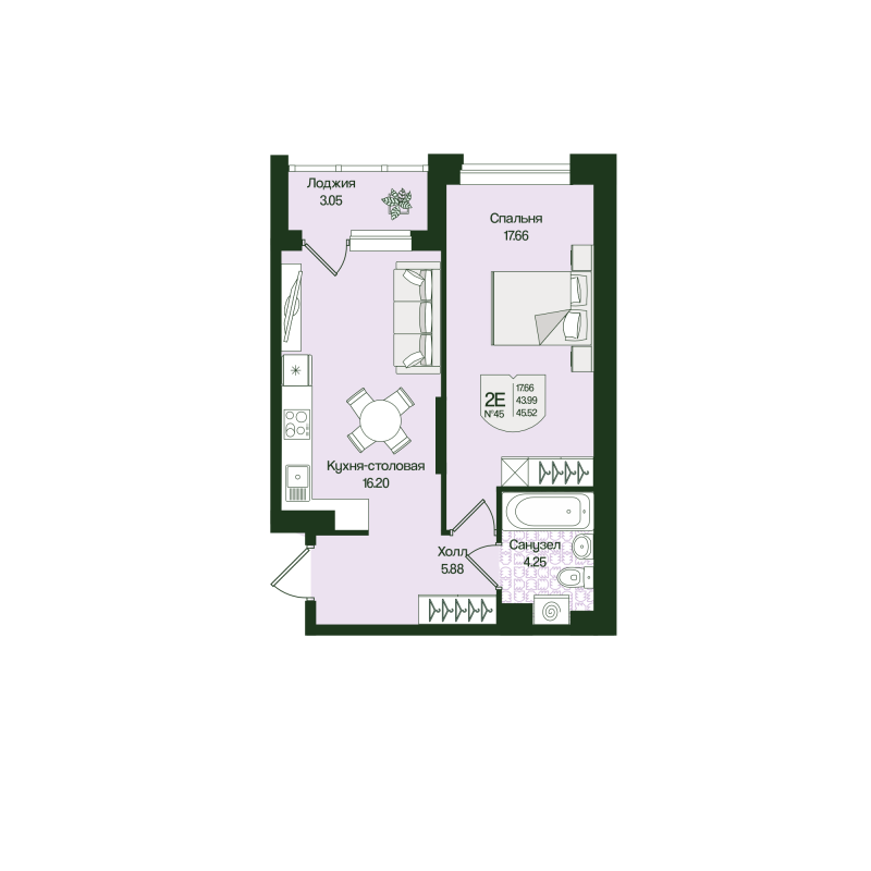 2 ккв (Евро) 45,5 м²