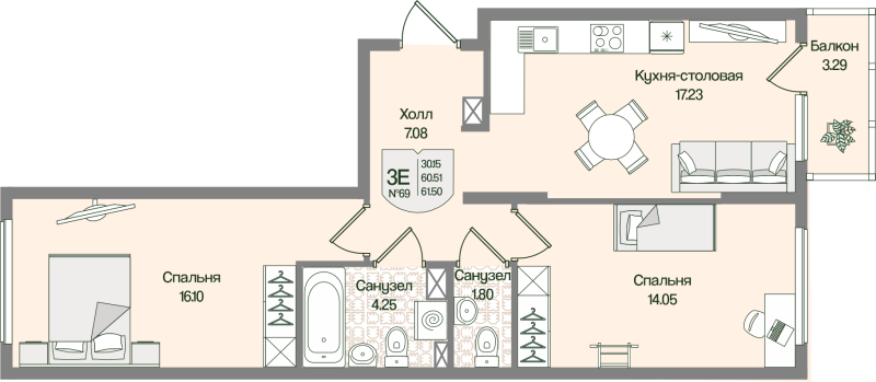 3 ккв (Евро) 61,5 м²