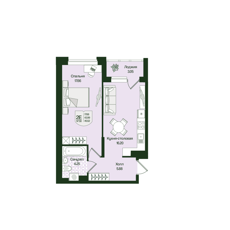 2 ккв (Евро) 45,5 м²