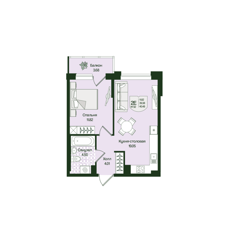 2 ккв (Евро) 40,5 м²