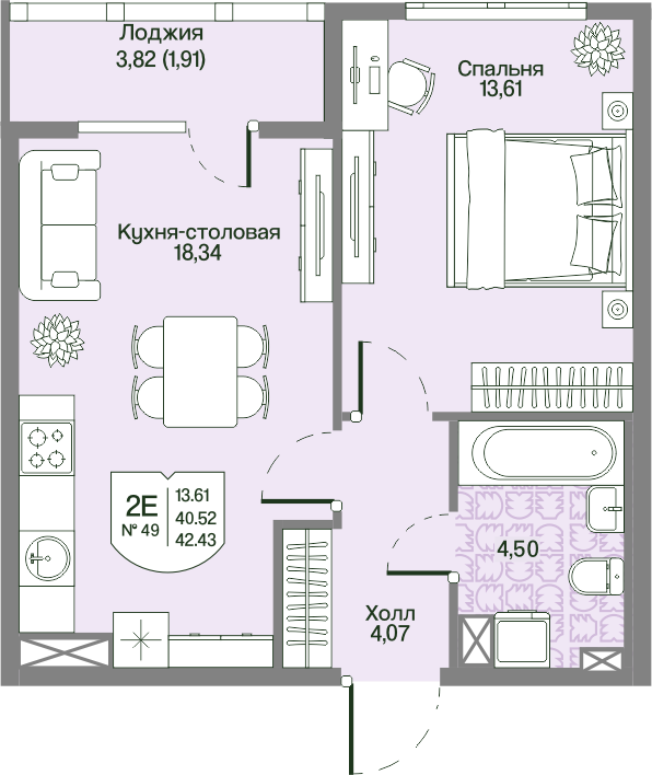 2 ккв (Евро) 40,5 м²