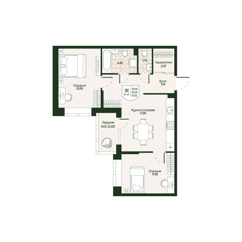 3 ккв (Евро) 59,2 м²