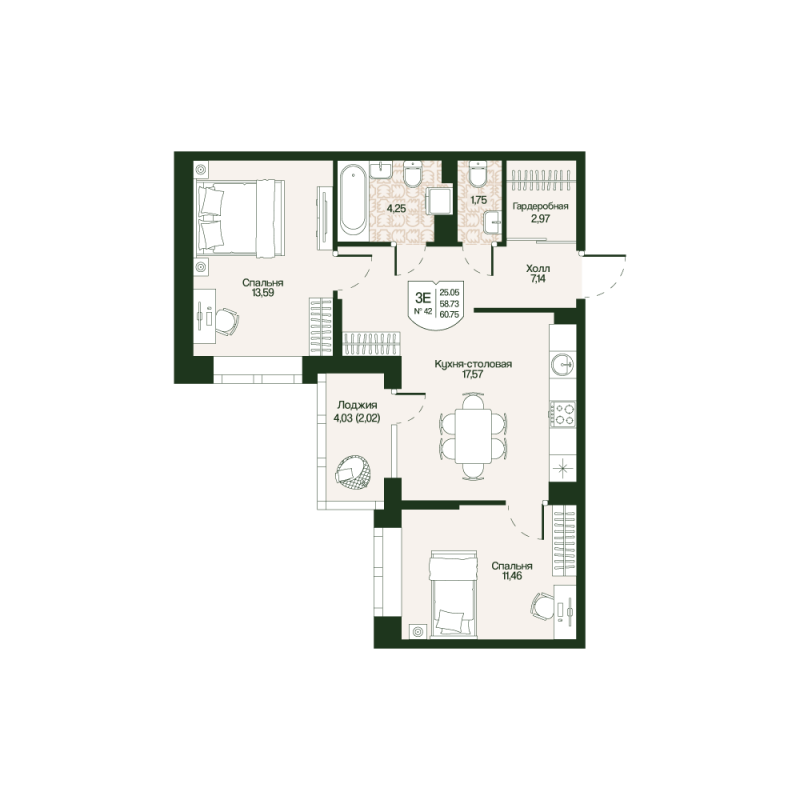 3 ккв (Евро) 58,7 м²