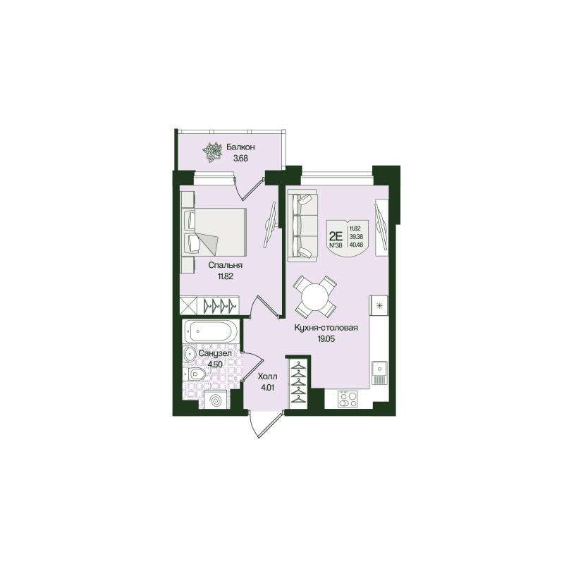 2 ккв (Евро) 40,5 м²
