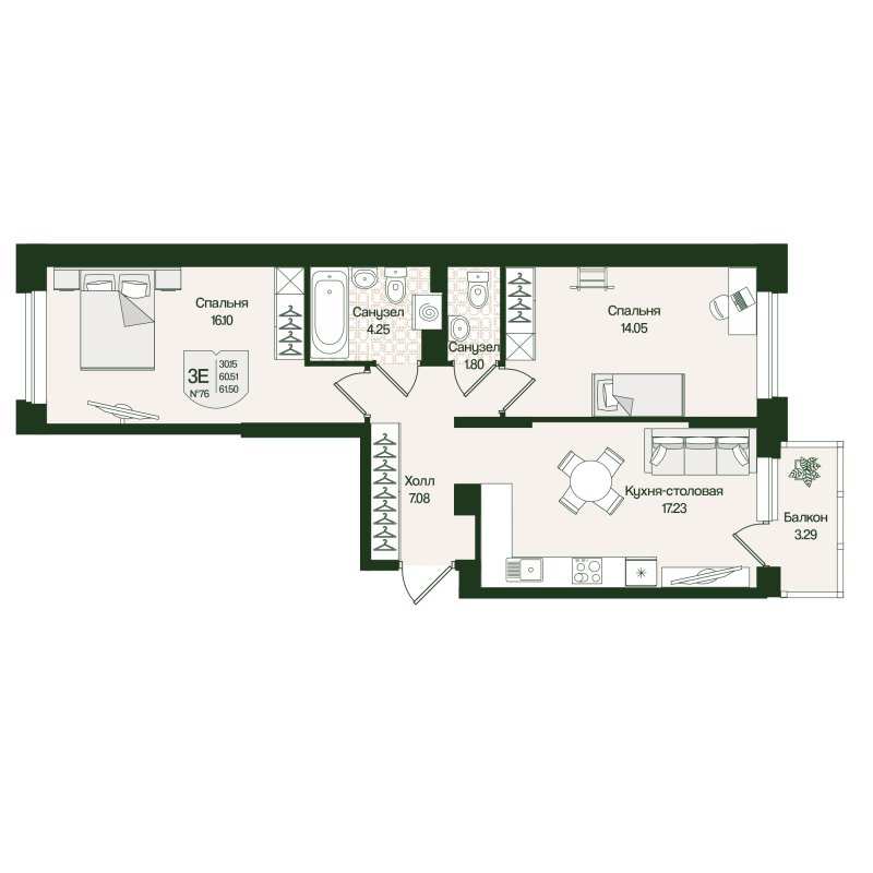 3 ккв (Евро) 61,5 м²
