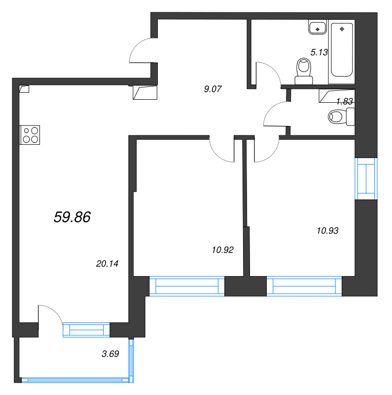 3 ккв (Евро) 59,9 м²