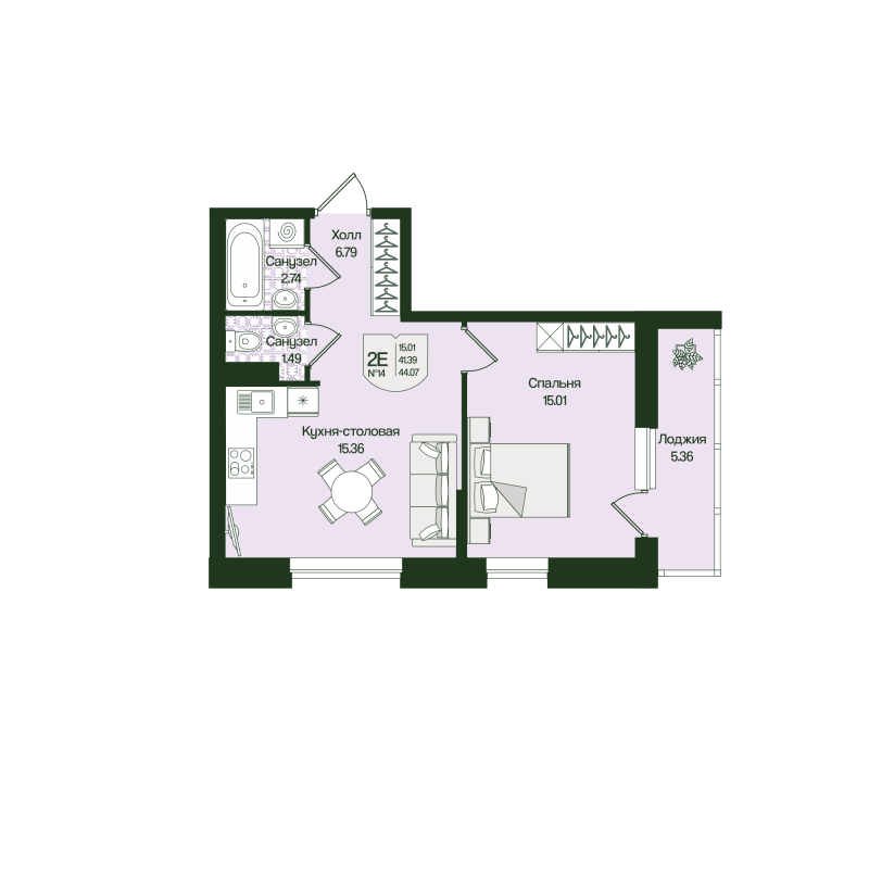 2 ккв (Евро) 44,1 м²