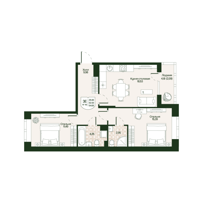 3 ккв (Евро) 62,6 м²