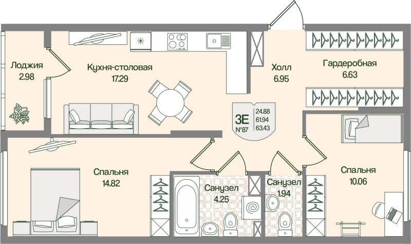 3 ккв (Евро) 63,4 м²