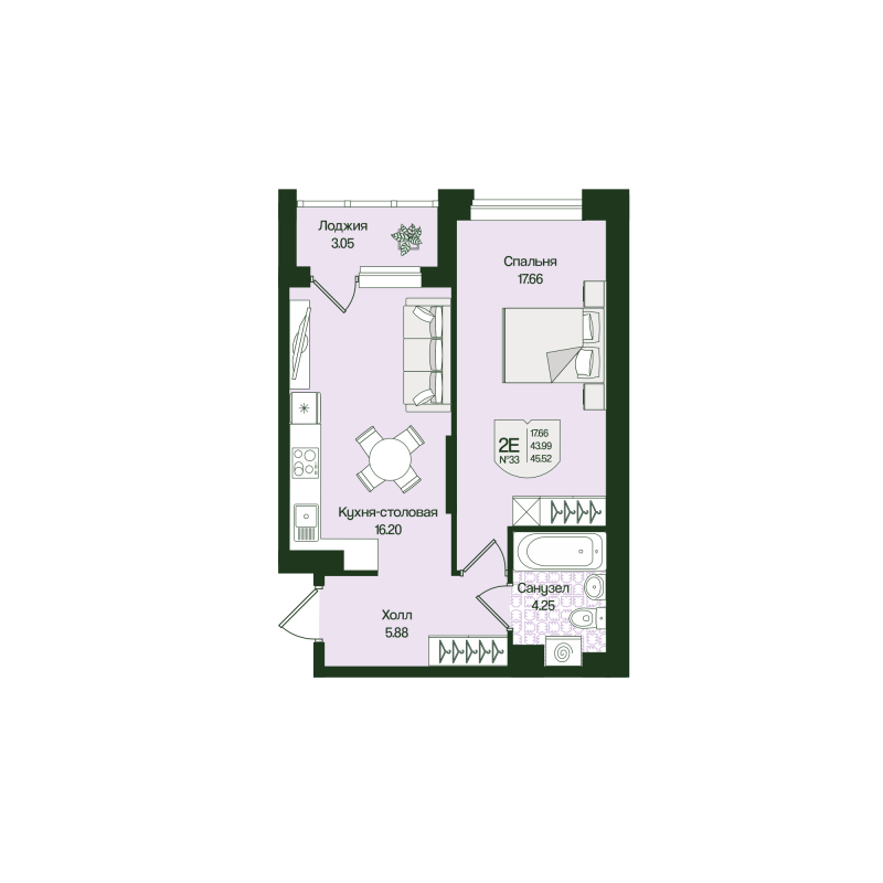 2 ккв (Евро) 45,5 м²