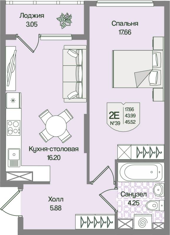 2 ккв (Евро) 45,5 м²