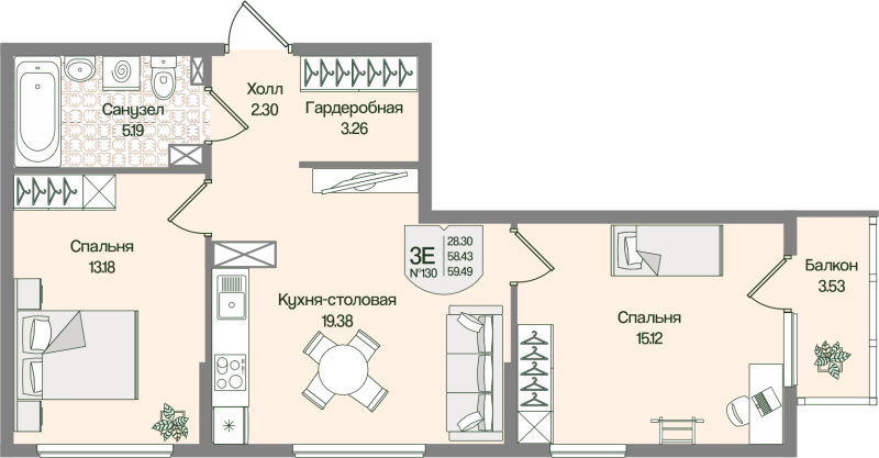 3 ккв (Евро) 59,5 м²