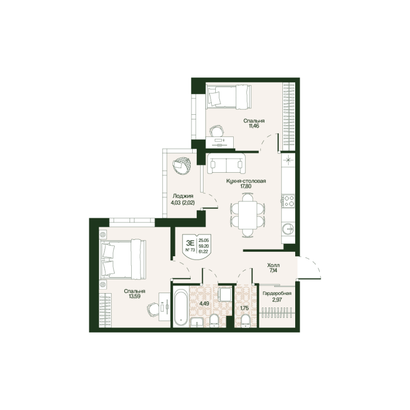 3 ккв (Евро) 59,2 м²