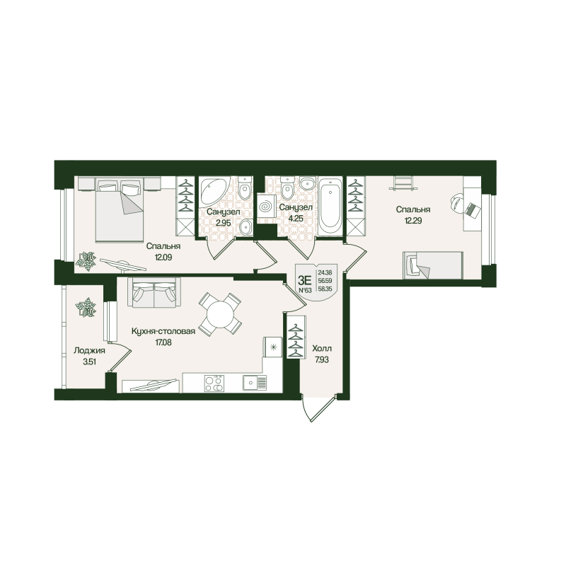3 ккв (Евро) 58,4 м²